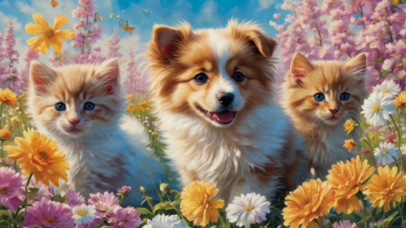 Springtime Pups and Kittens in Blooming Gardens