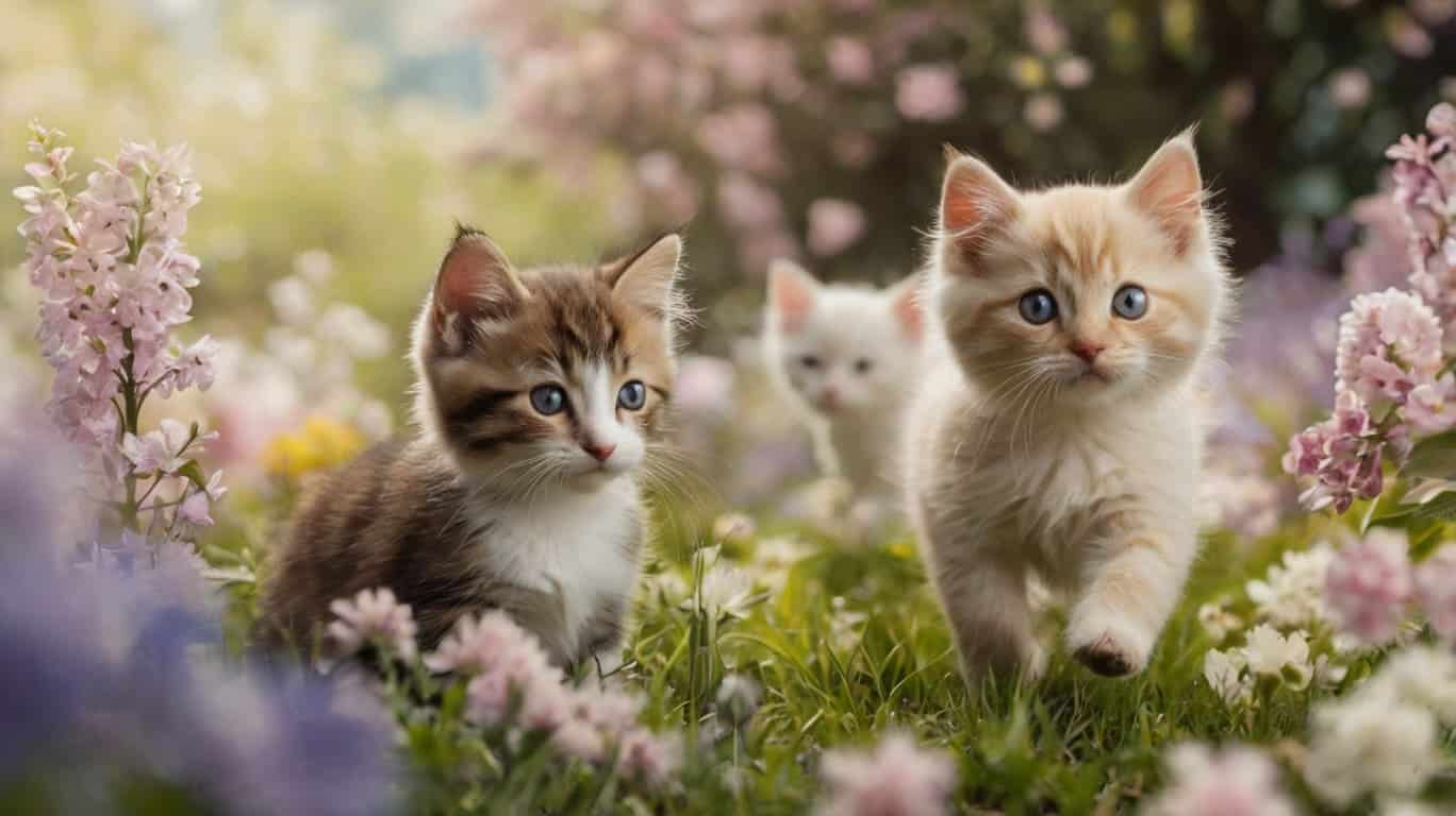 Springtime Pups and Kittens in Blooming Gardens