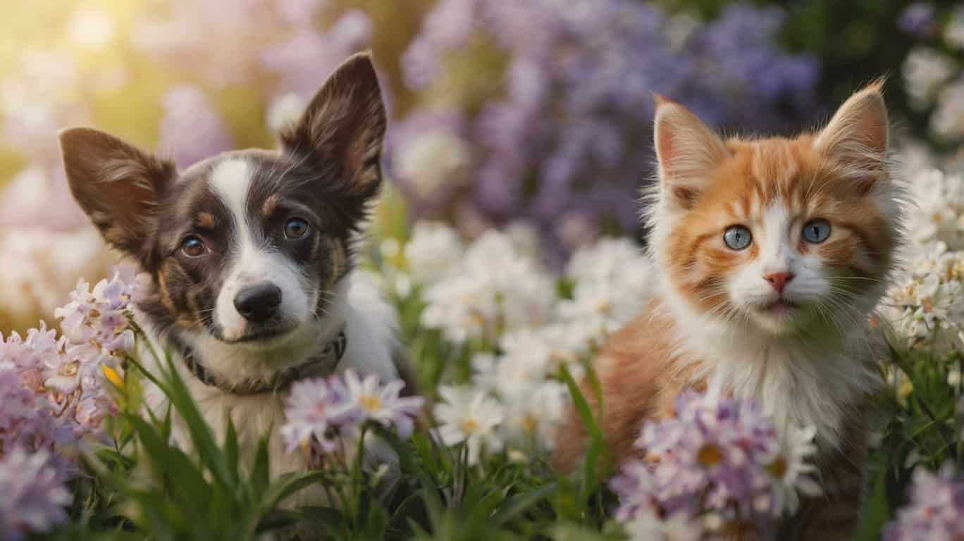 Springtime Pups and Kittens in Blooming Gardens