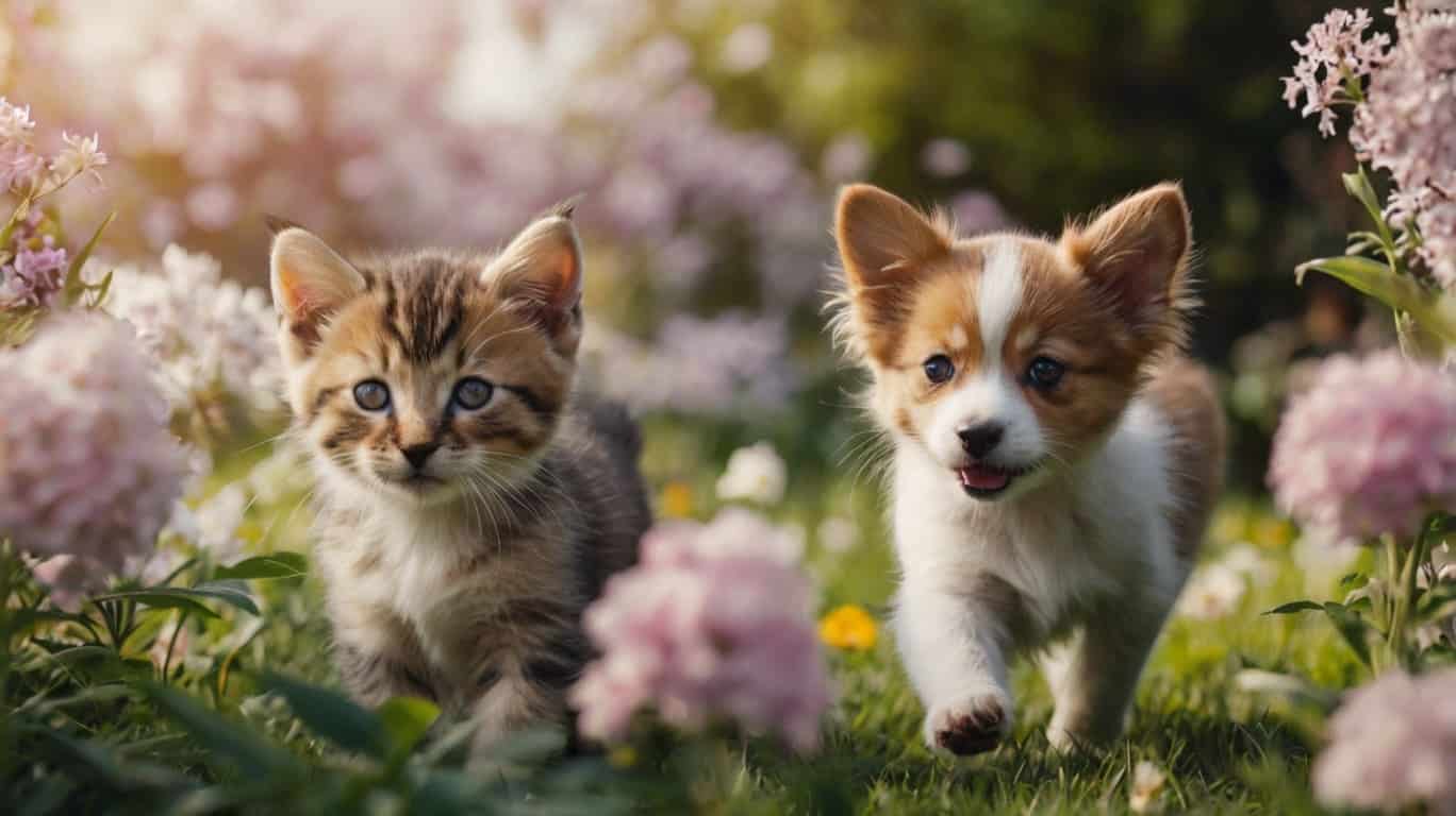 Springtime Pups and Kittens in Blooming Gardens