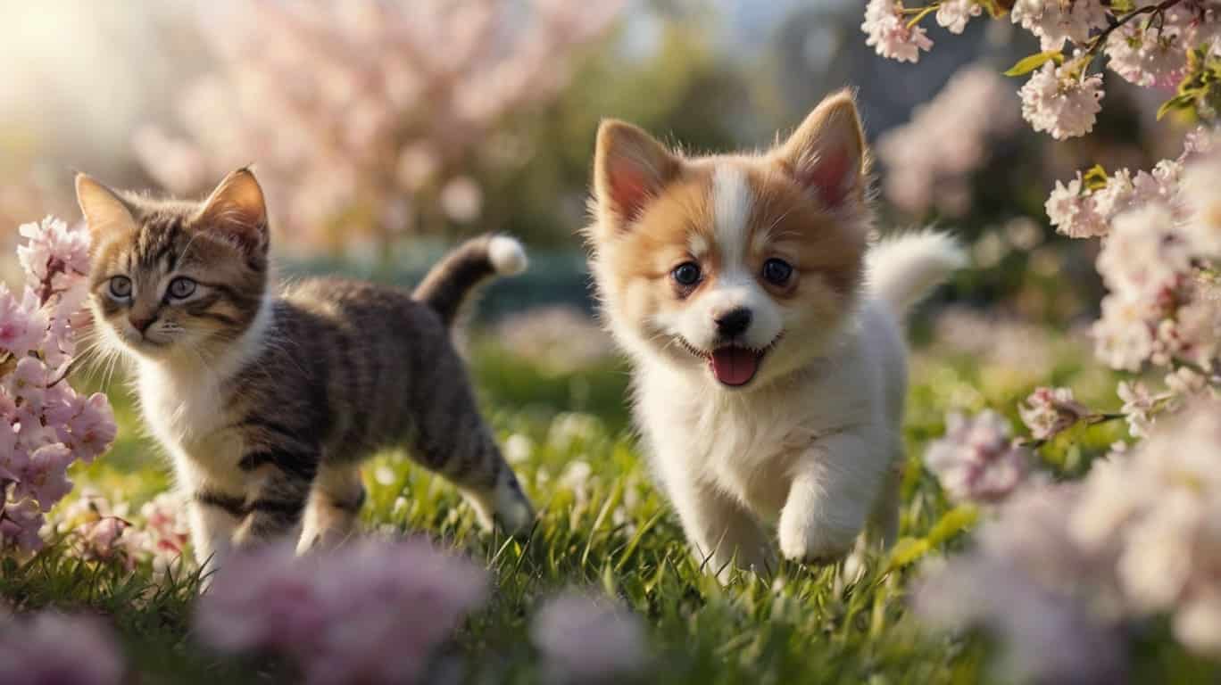 Springtime Pups and Kittens in Blooming Gardens