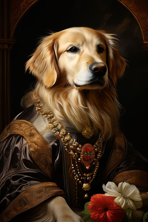 digital painting in the style of a renaissance portrait featuring a golden retriever