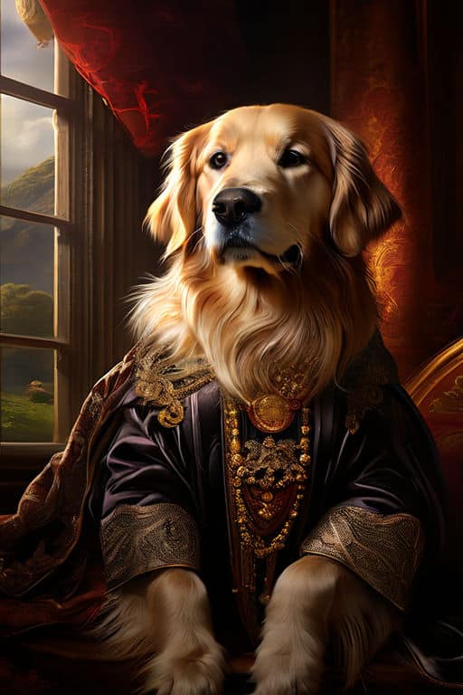 digital painting in the style of a renaissance portrait featuring a golden retriever