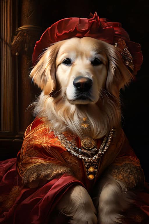 digital painting in the style of a renaissance portrait featuring a golden retriever