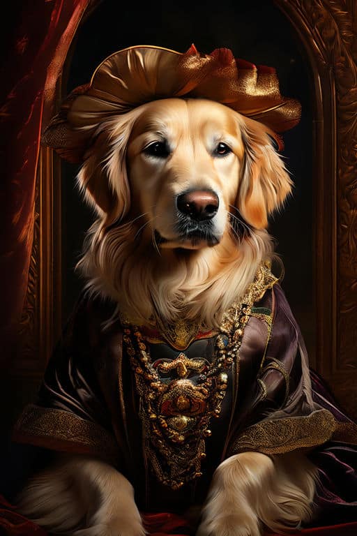 digital painting in the style of a renaissance portrait featuring a golden retriever