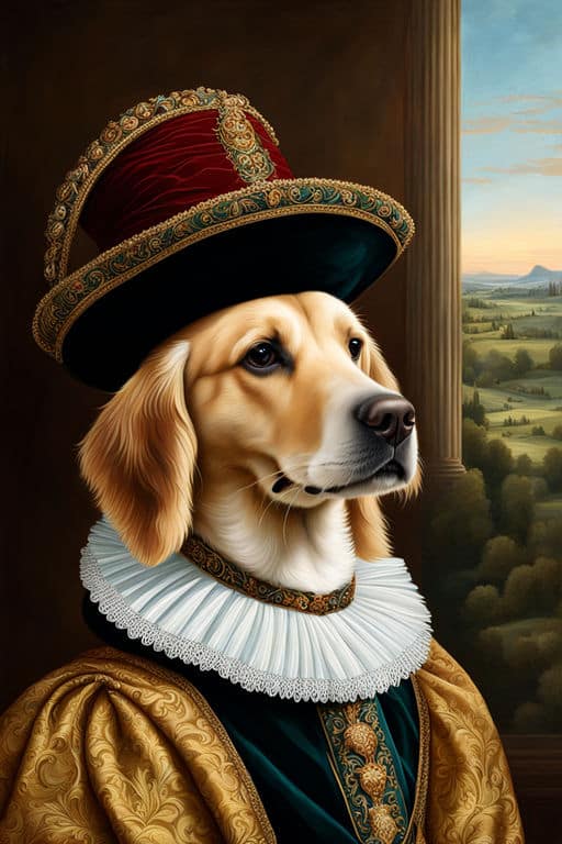 golden retriever dressed as a 16th century noble