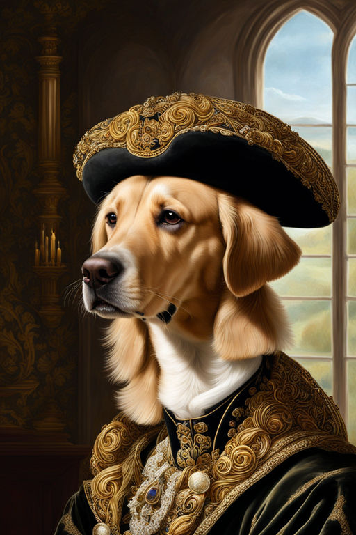 golden retriever dressed as a 16th century noble