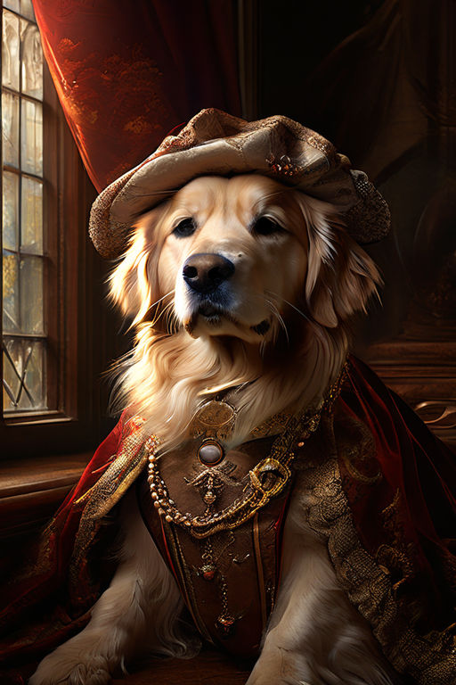 golden retriever dressed as a 16th century noble ruff collar embroidered doublet feathered hat
