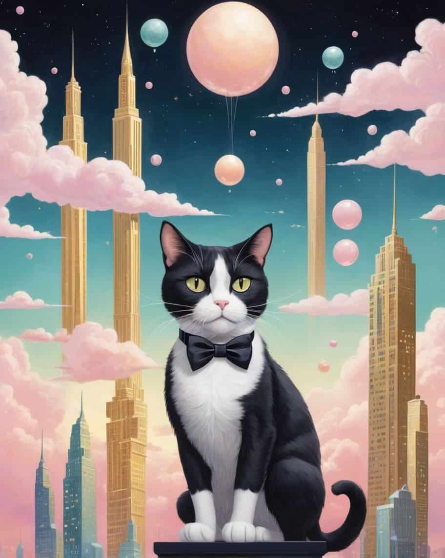 surrealist digital painting featuring a tuxedo cat