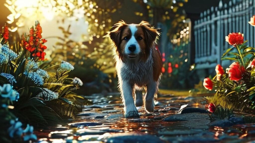A dog walking in a garden. Why do dogs eat grass