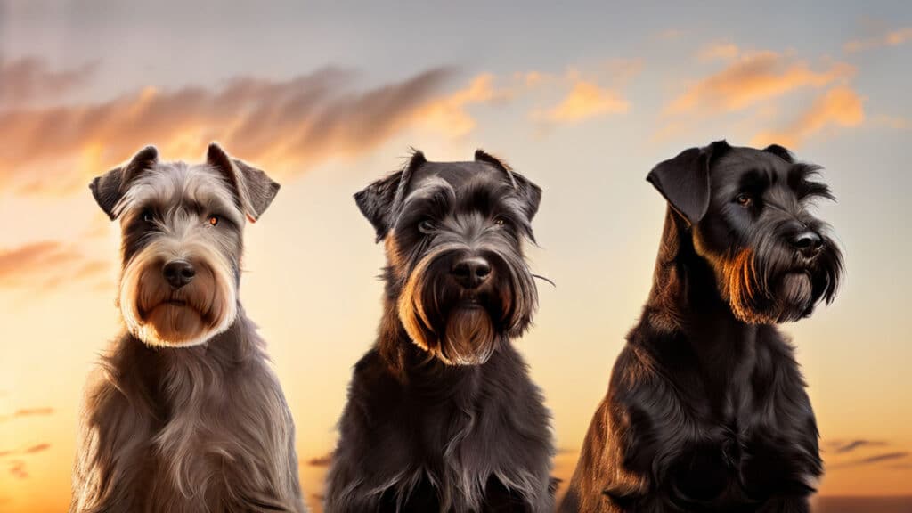 Giant Schnauzer, Standard Schnauzer, Miniature Schnauzer aligned in descending order of size, photographed in a sequential manner, highlighting their varied statures against a soft backdrop, natural light enhancing the different textures of their coats, golden hour glow, ultra clear, high resolution, digital render.