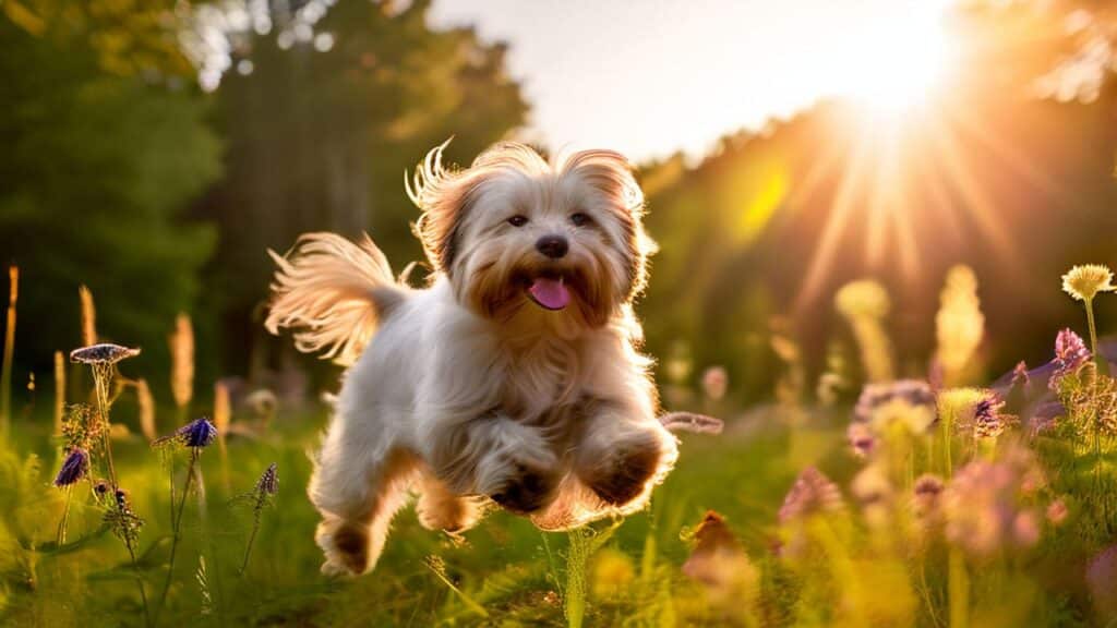 havanese-dog-in-mid-play-leaping-in-a-sunlit Havanese dog in mid-play, leaping in a sunlit open field, ears flapping, eyes gleaming with excitement, frolicking among swaying wildflowers, scattered patches of dandelions catching the soft golden hour rays