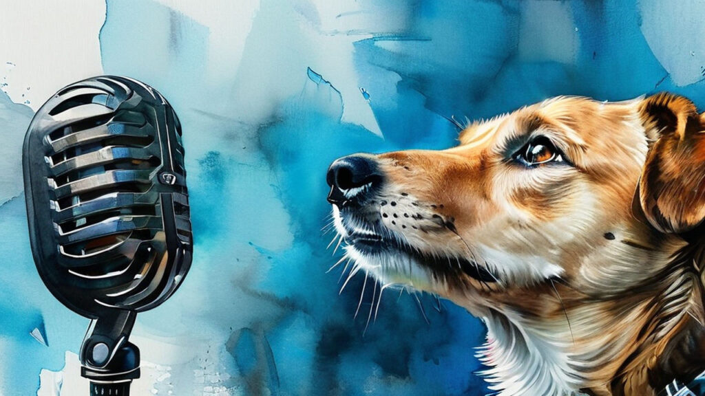 Dog barks. Watercolor of a dog barking into a microphone.
