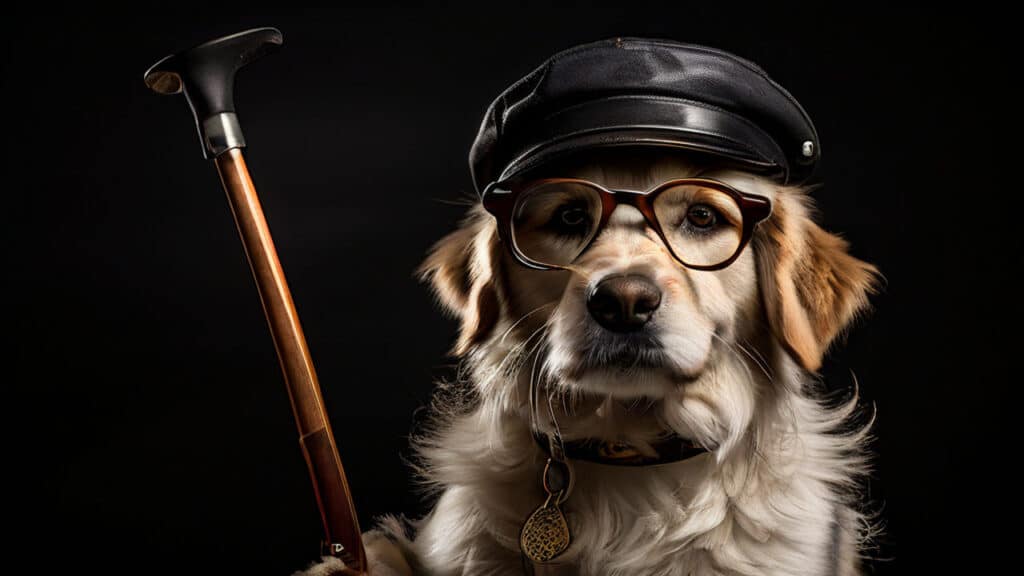 Image of a dog with a cane, glasses and a beret. Longest living dog breeds