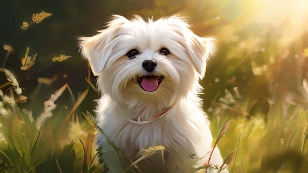 Maltese dog, standing alert in the center of a sunlit.