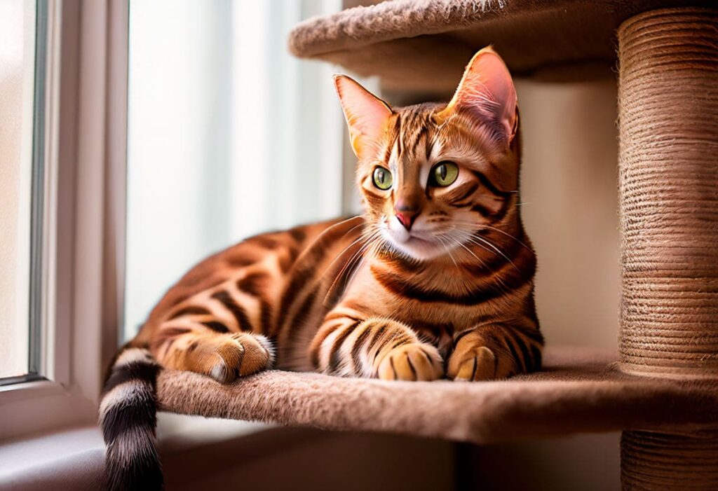 ocicat-lounging-on-a-cat-tree Ocicat lounging on a cat tree