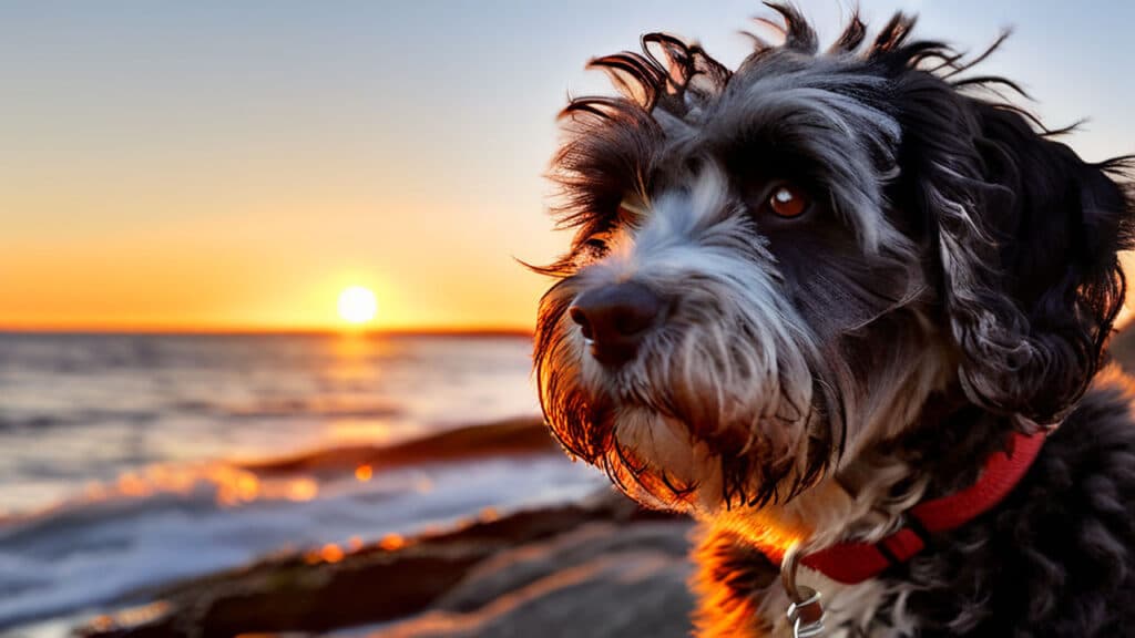 Portuguese Water Dog stands alert on a rocky shoreline, ocean waves gently lapping at its fur, seaside vermilion sunset backdrop, feature highlighting intricate curls and shiny coat texture