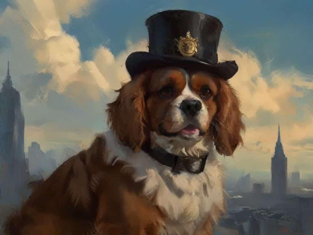 A distinguished Victorian-era Cavalier King Charles Spaniel wearing a top hat with gears. The background shows a London skyline with airships floating by.