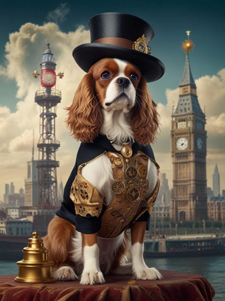 A distinguished Victorian-era Cavalier King Charles Spaniel wearing a top hat with gears. The background shows a London skyline with airships floating by.