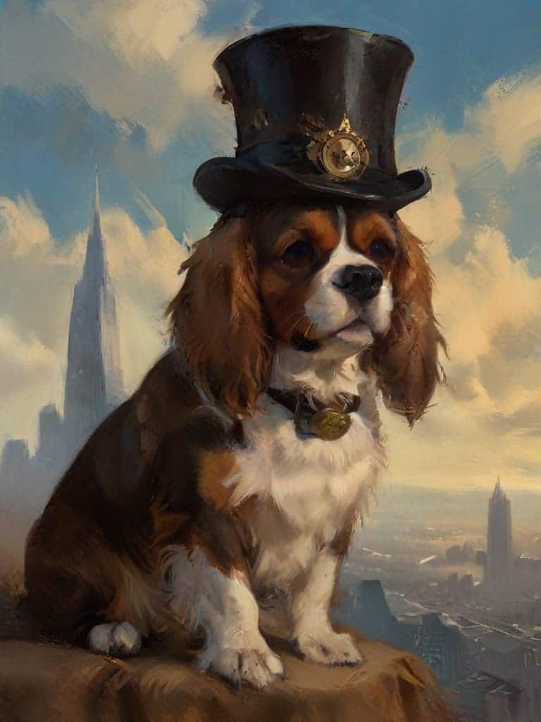 A distinguished Victorian-era Cavalier King Charles Spaniel wearing a top hat with gears. The background shows a London skyline with airships floating by.