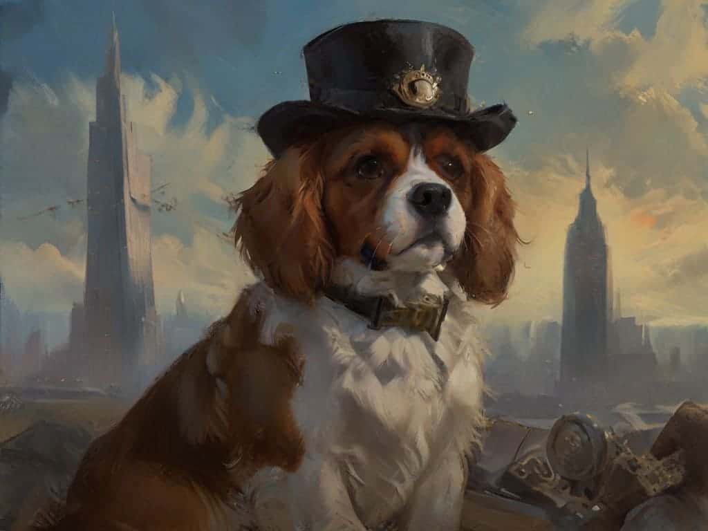 A distinguished Victorian-era Cavalier King Charles Spaniel wearing a top hat with gears. The background shows a London skyline with airships floating by.