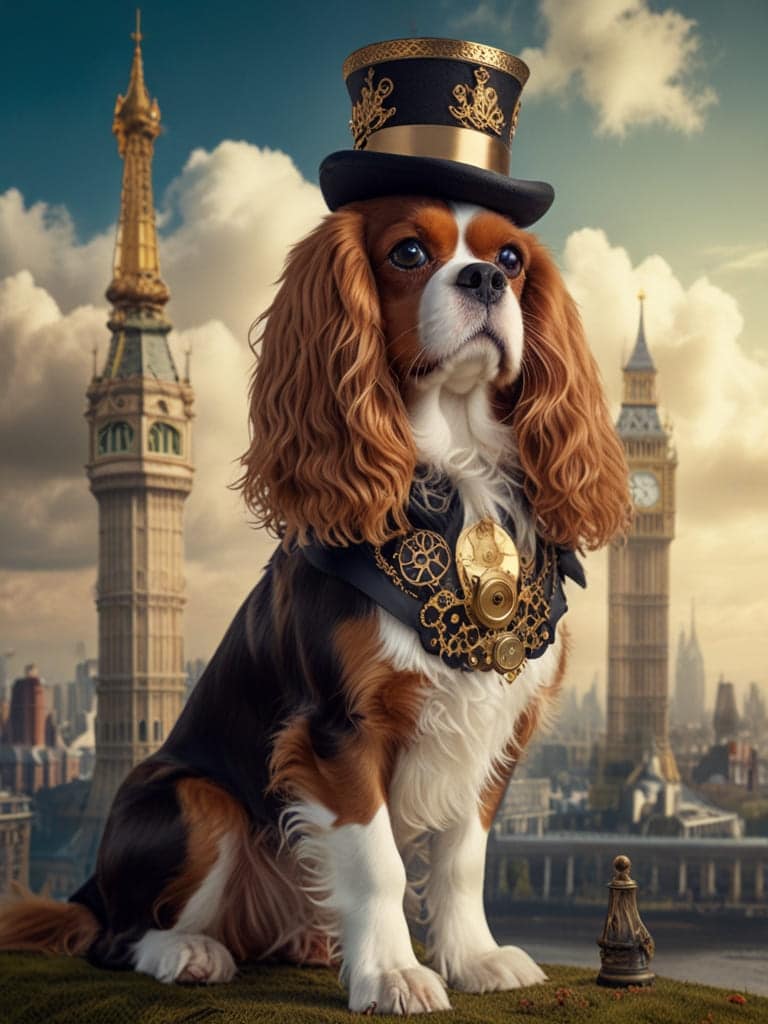 A distinguished Victorian-era Cavalier King Charles Spaniel wearing a top hat with gears. The background shows a London skyline with airships floating by.