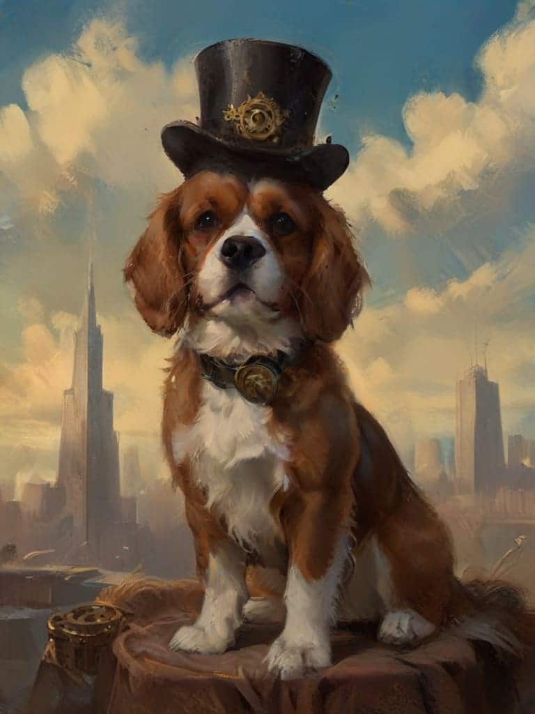 A distinguished Victorian-era Cavalier King Charles Spaniel wearing a top hat with gears. The background shows a London skyline with airships floating by.