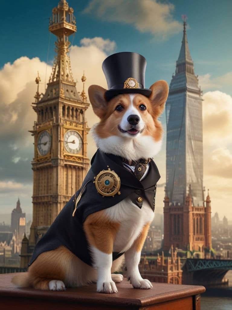 A distinguished Victorian-era Corgi wearing a top hat with gears.