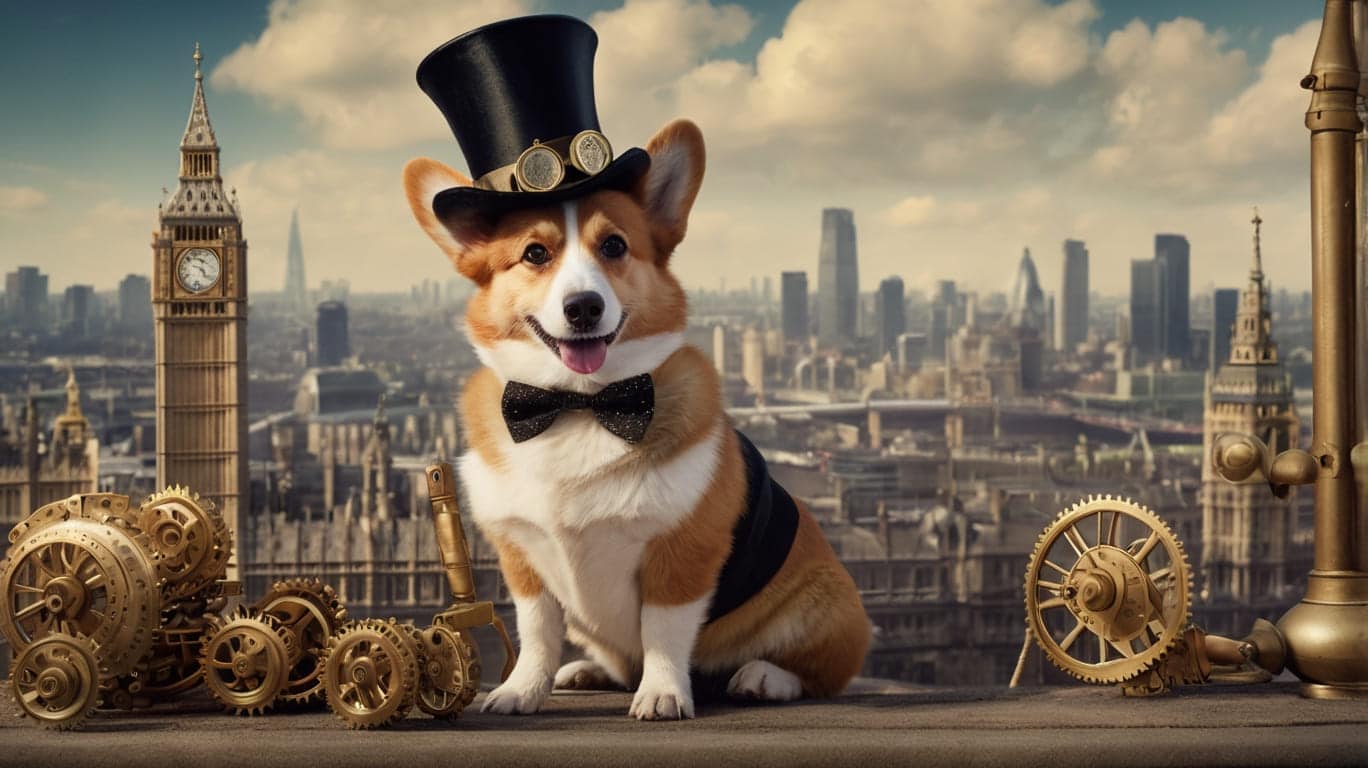 A distinguished Victorian-era Corgi wearing a top hat with gears.