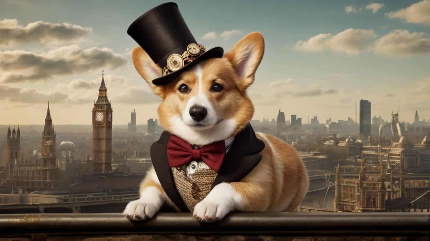 A distinguished Victorian-era Corgi wearing a top hat with gears.
