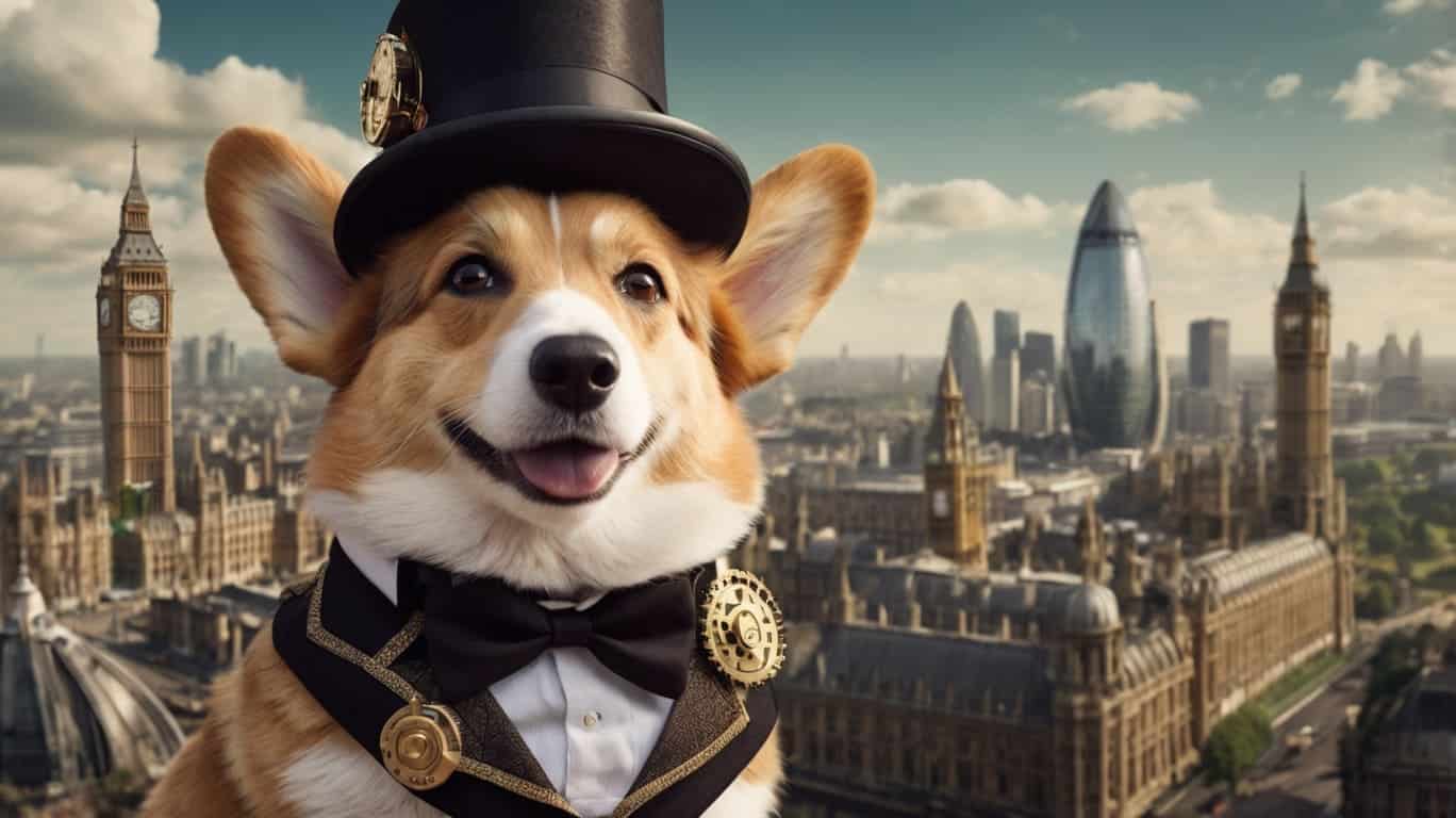A distinguished Victorian-era Corgi wearing a top hat with gears.