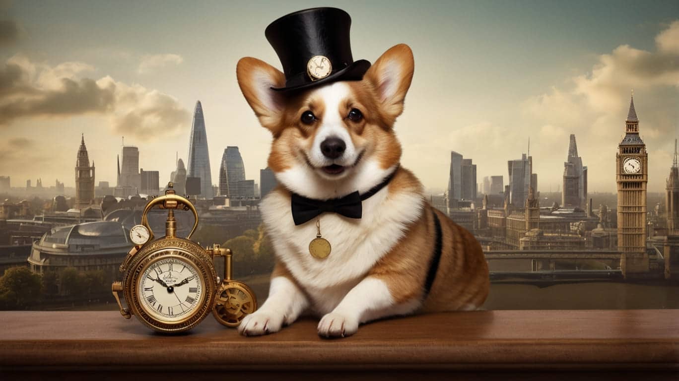 A distinguished Victorian-era Corgi wearing a top hat with gears.