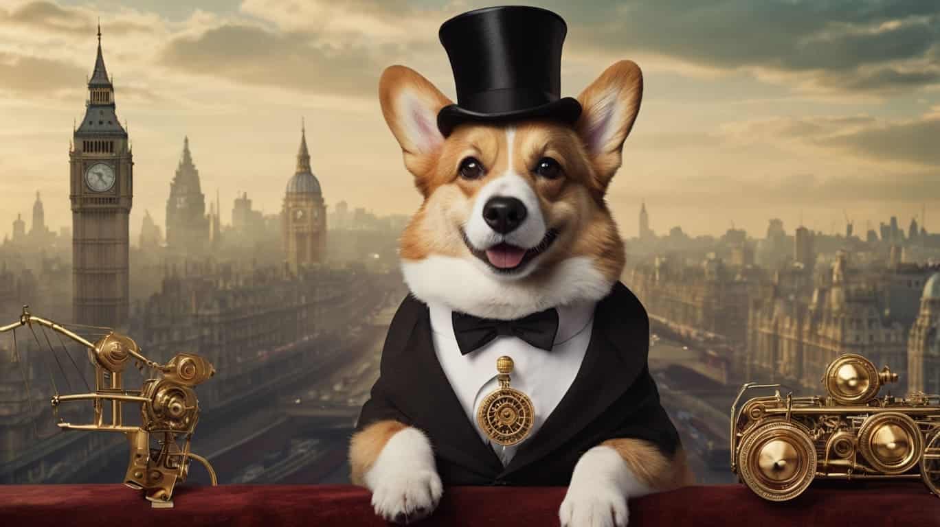 A distinguished Victorian-era Corgi wearing a top hat with gears.