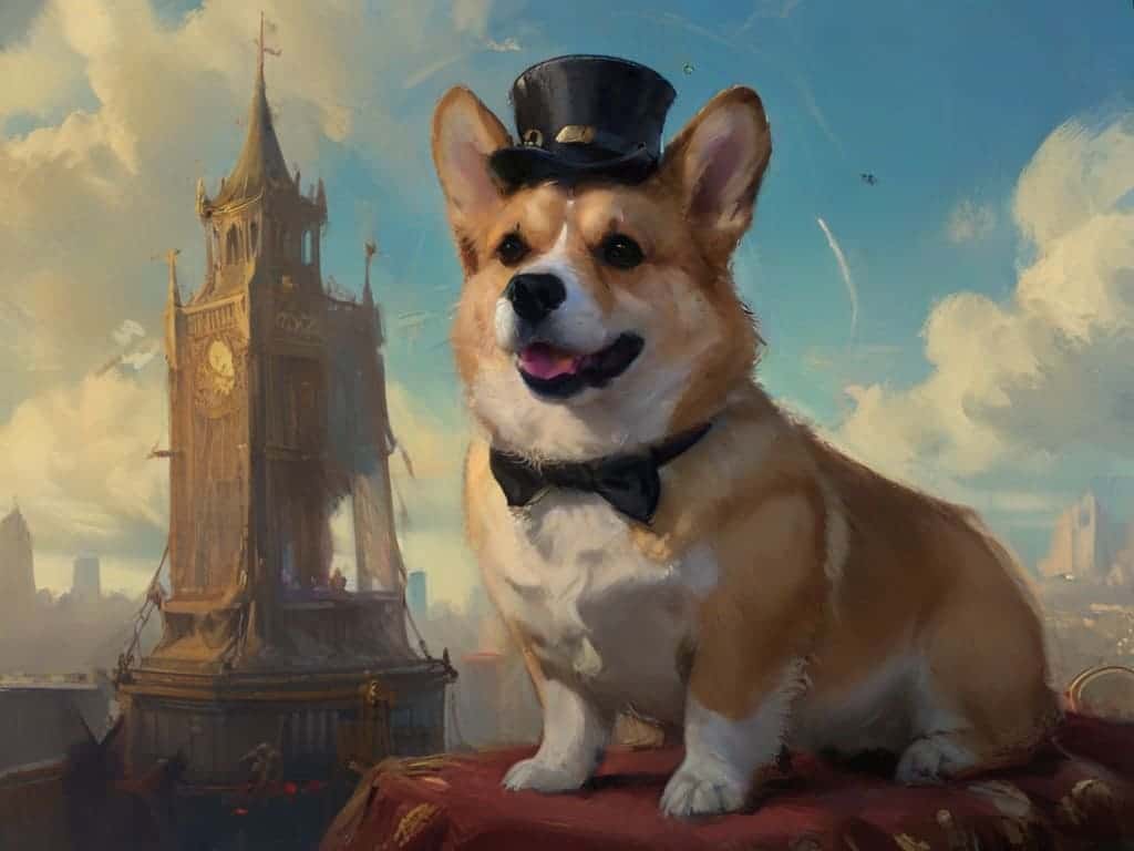 A distinguished Victorian-era Corgi wearing a top hat with gears.