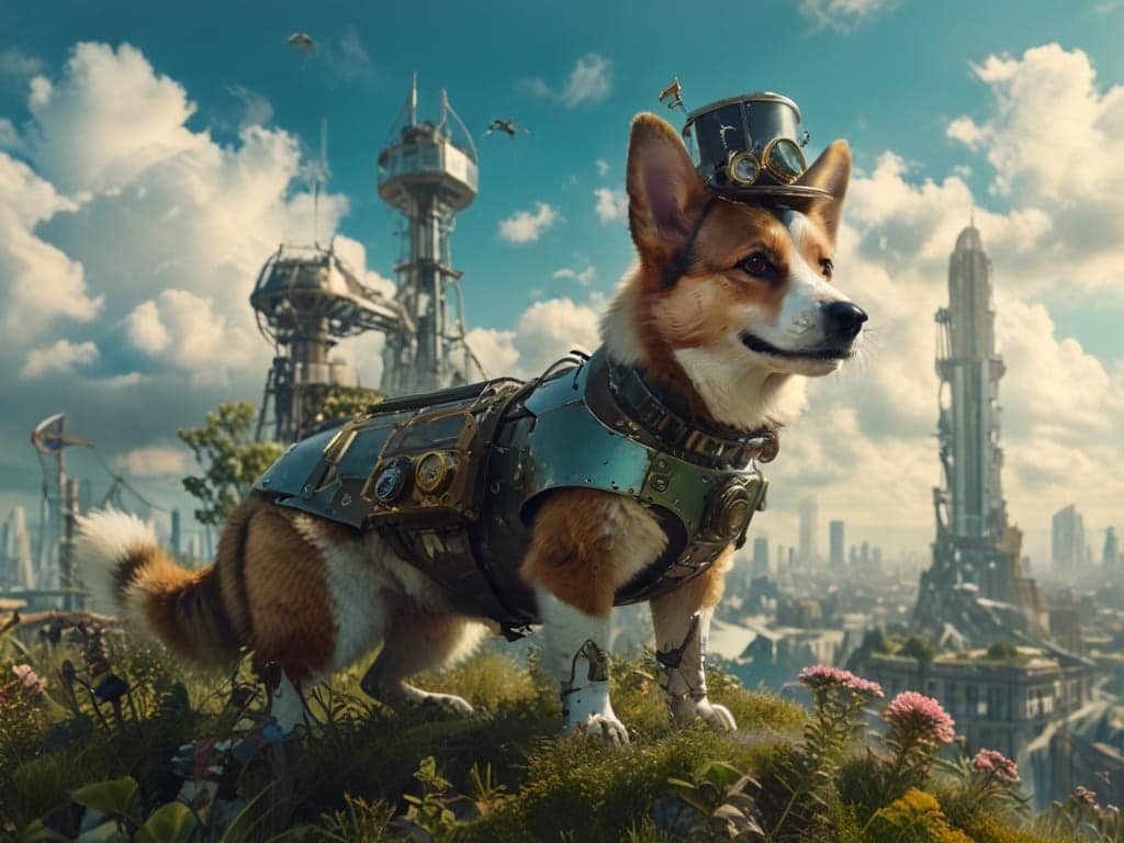 Steampunk Pets. A distinguished Victorian-era Corgi wearing a top hat with gears.
