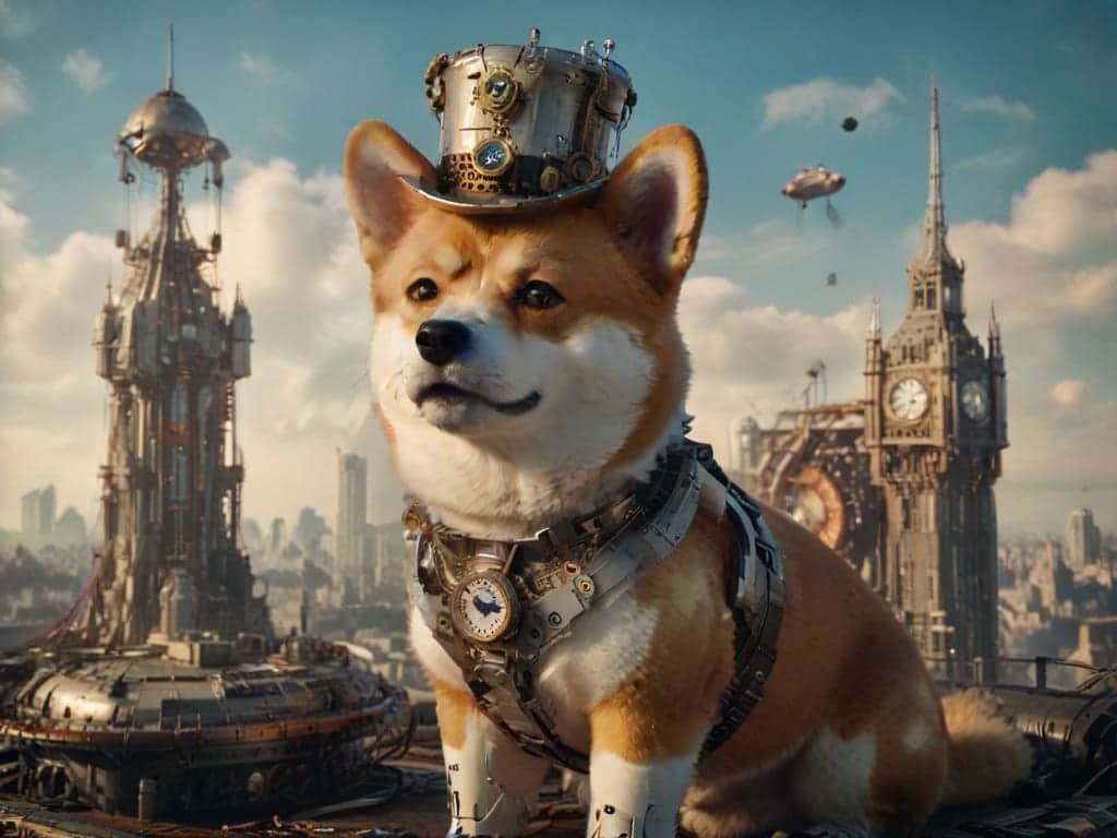 Steampunk Pets. A distinguished Victorian-era Corgi wearing a top hat with gears.