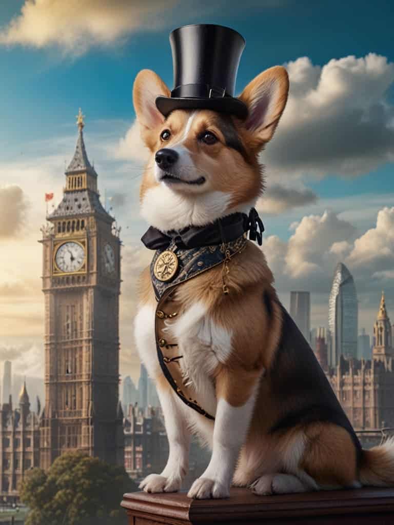 A distinguished Victorian-era Corgi wearing a top hat with gears.