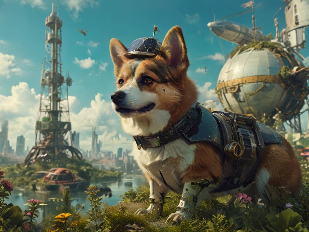 A distinguished Victorian-era Corgi wearing a top hat with gears.