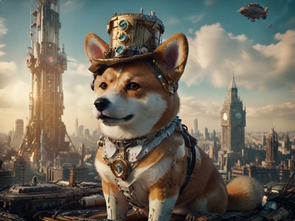 A distinguished Victorian-era Corgi wearing a top hat with gears.