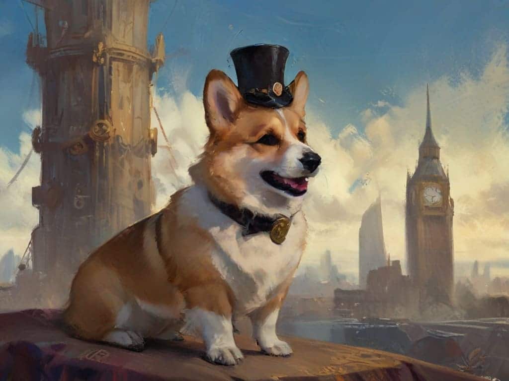 A distinguished Victorian-era Corgi wearing a top hat with gears.