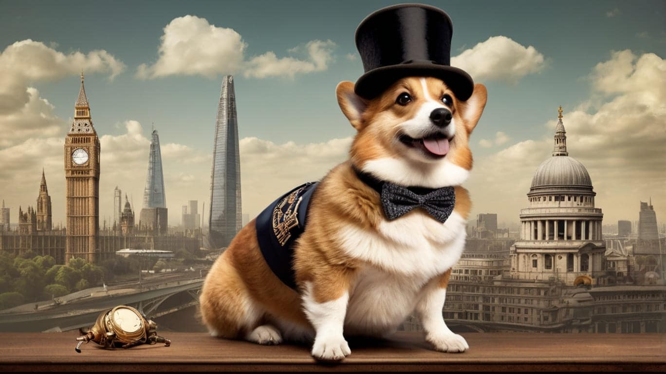 A distinguished Victorian-era Corgi wearing a top hat with gears.