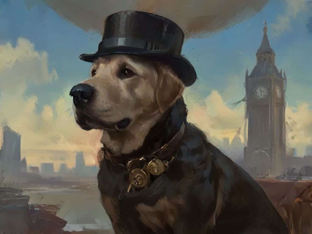 A distinguished Victorian-era Labrador wearing a top hat with gears.