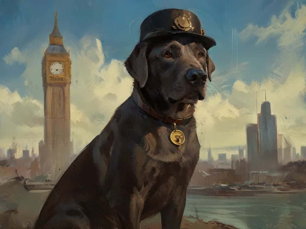 A distinguished Victorian-era Labrador wearing a top hat with gears.