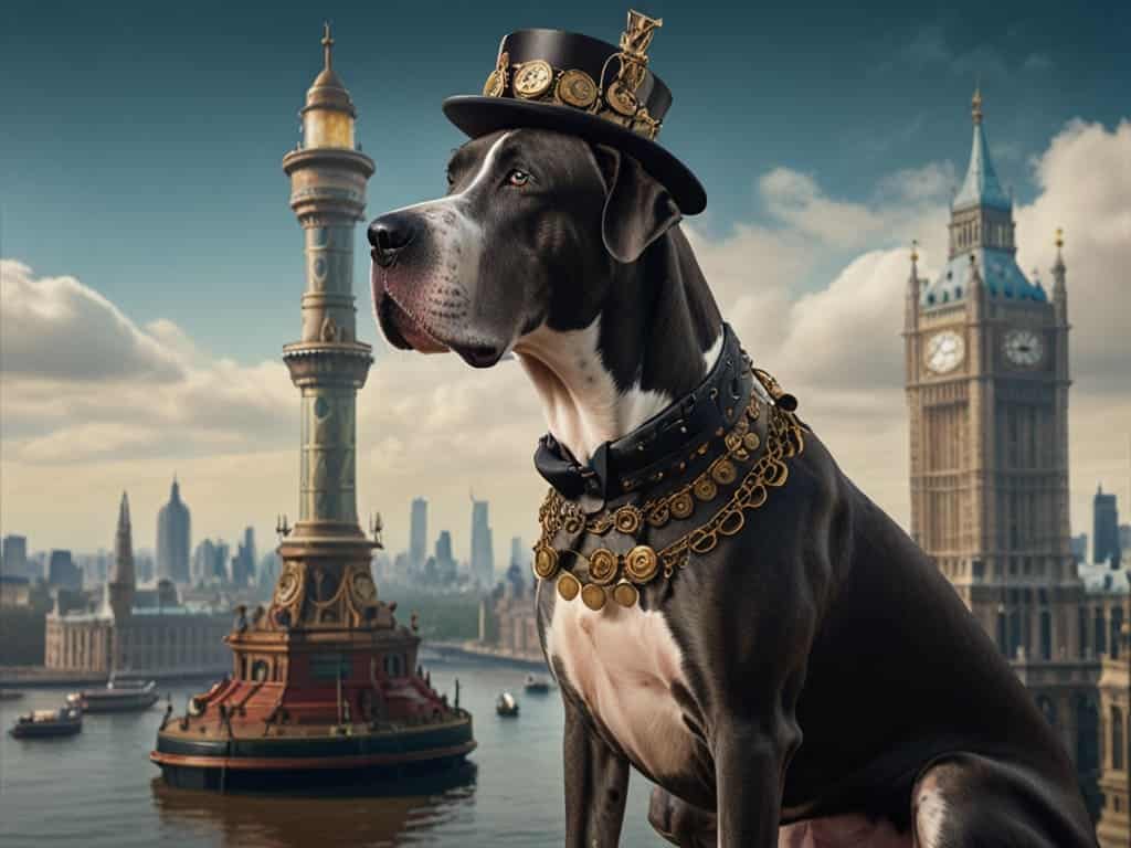 A distinguished Victorian-era Large Great Dane wearing a top hat with gears. The background shows a London skyline with airships floating by.