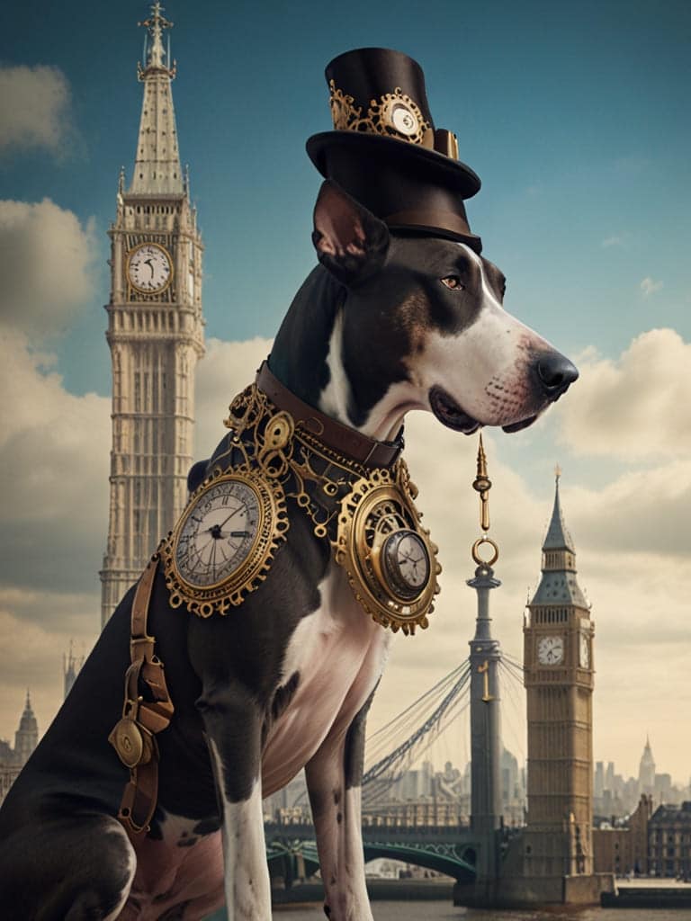 A distinguished Victorian-era Large Great Dane wearing a top hat with gears. The background shows a London skyline with airships floating by.