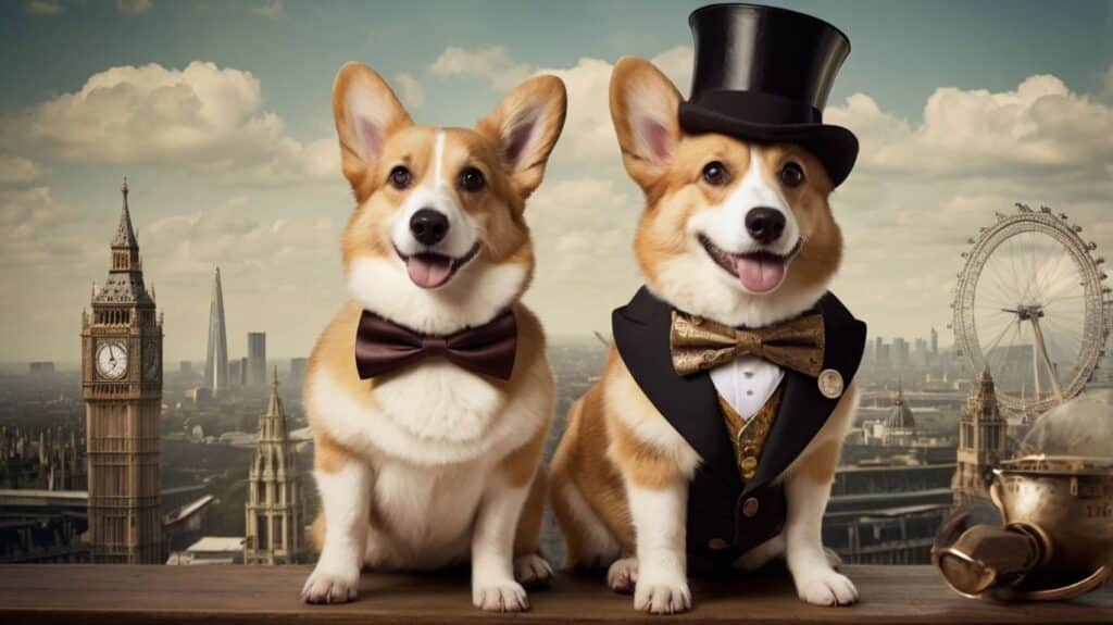 Steampunk Pets. A distinguished Victorian-era Corgi wearing a top hat with gears, a monocle, and a brass-plated prosthetic leg. The background shows a London skyline with airships floating by.