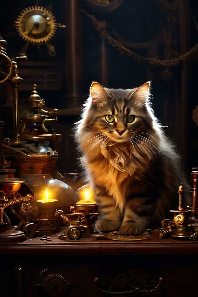 A curious Maine Coon cat investigating a table full of brass gears.