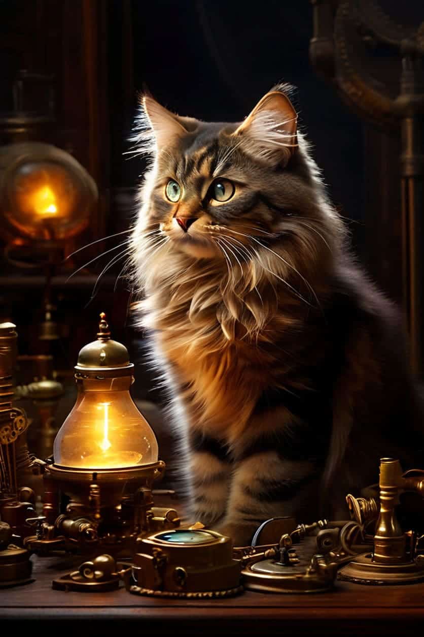 A curious Maine Coon cat investigating a table full of brass gears.
