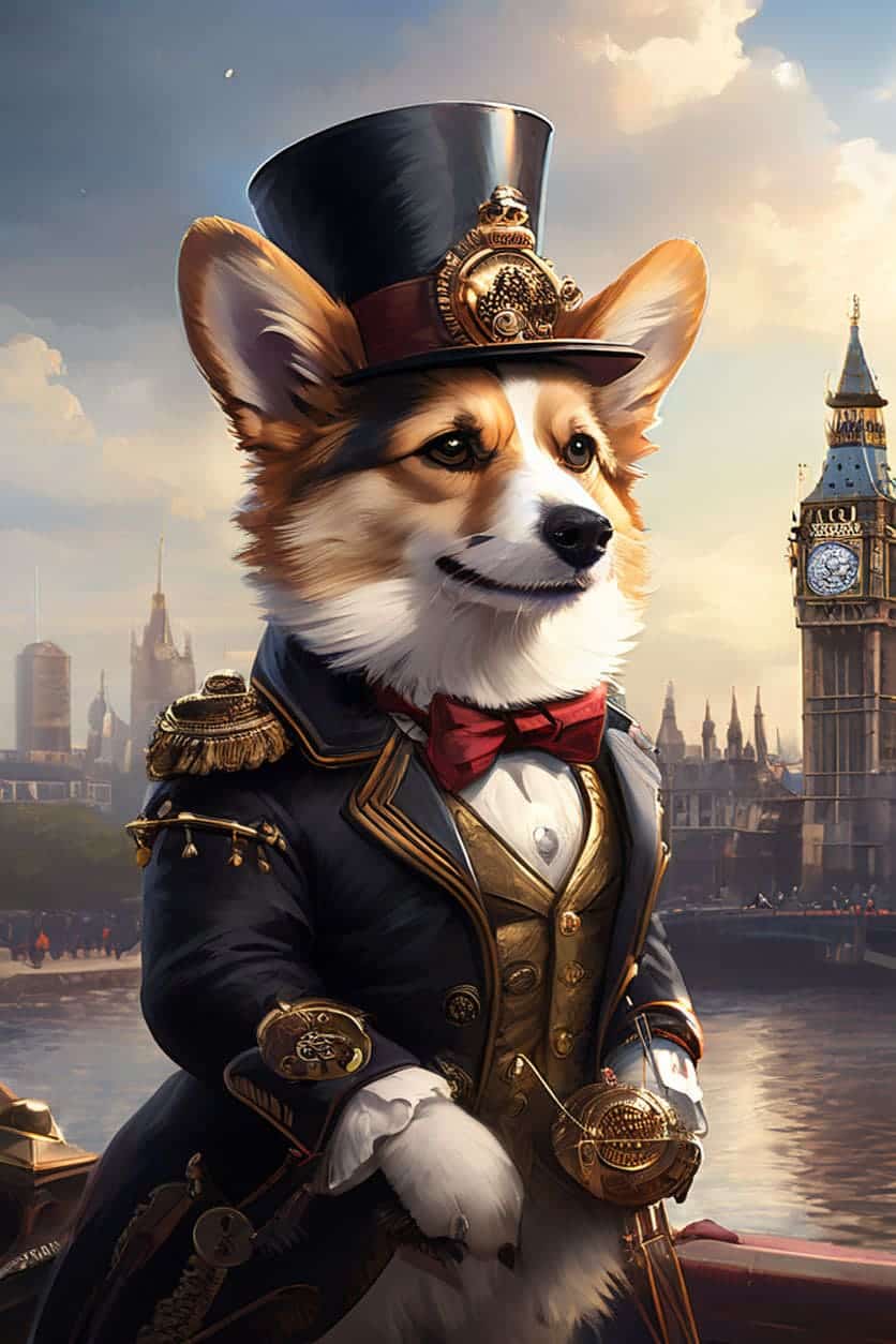 A distinguished Victorian-era Corgi wearing a top hat with gears.