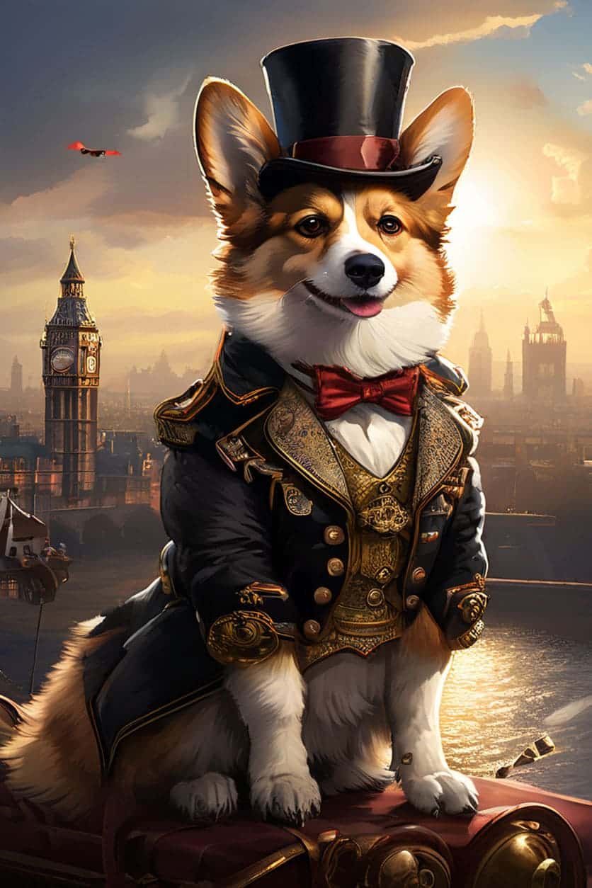 A distinguished Victorian-era Corgi wearing a top hat with gears.